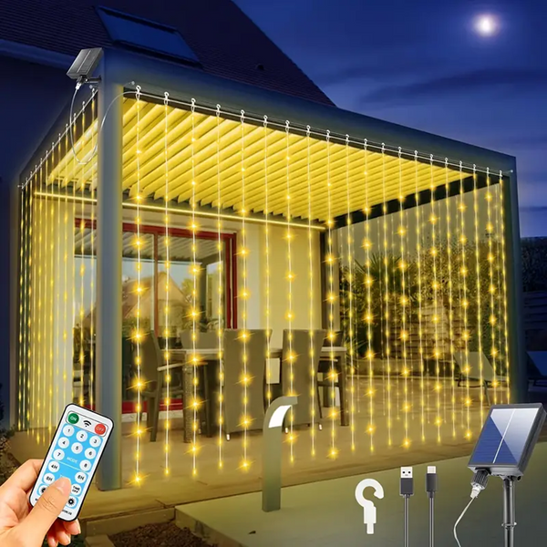 Solar Curtain Lights 600 LED Waterfall String Lights 8 Modes Remote Type C Charging Hanging Twinkle Fairy Lights for Christmas Gazebo Party Wedding