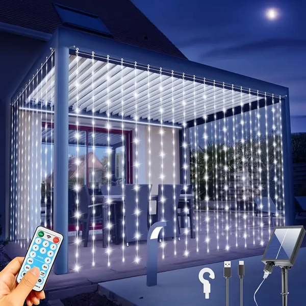 Solar Curtain Lights, 20 * 10FT Upgraded Twinkle String Fairy Light Remote Control 8 Mode For Garden Wedding Party